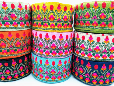 Green Fabric Trim With Green, Fuchsia Pink, Red And Yellow Embroidery and Gold Sequins